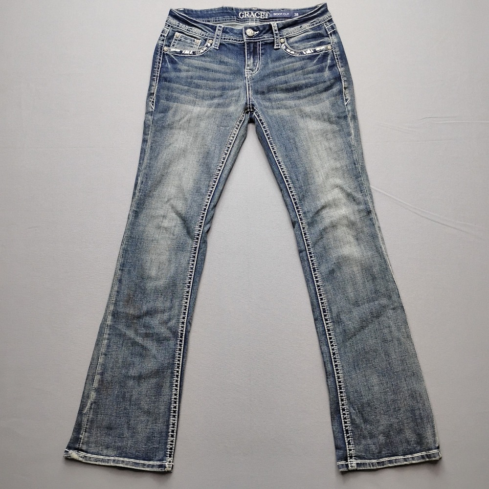 Grace in LA Women Boot Cut Jeans Blue Denim Embellished Size 28 JBS664-32